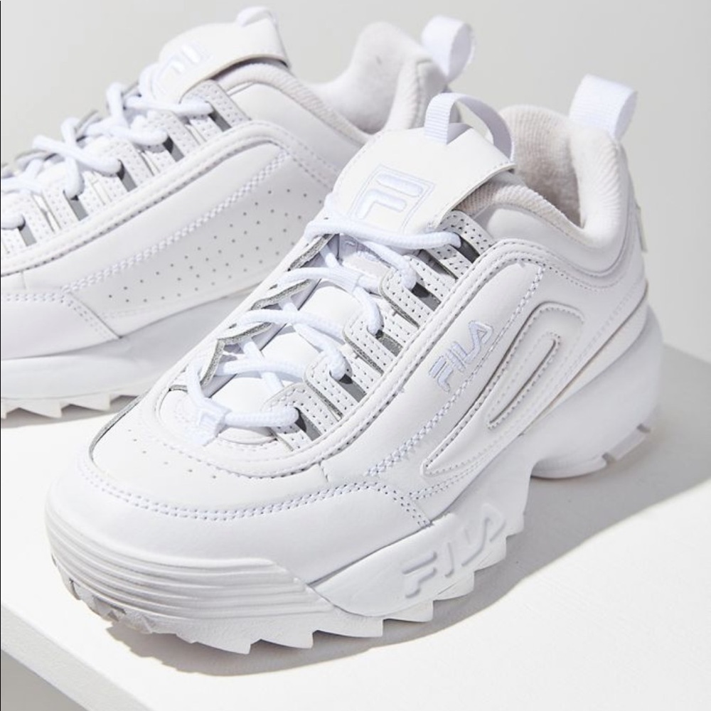 All white fila disruptor 2 shoes